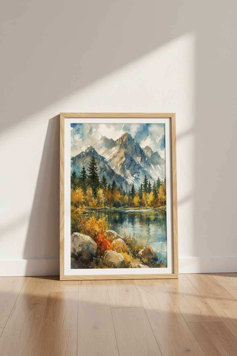 Mountain Lake Watercolor Print | Nature Landscape Decor | Rustic Forest Poster