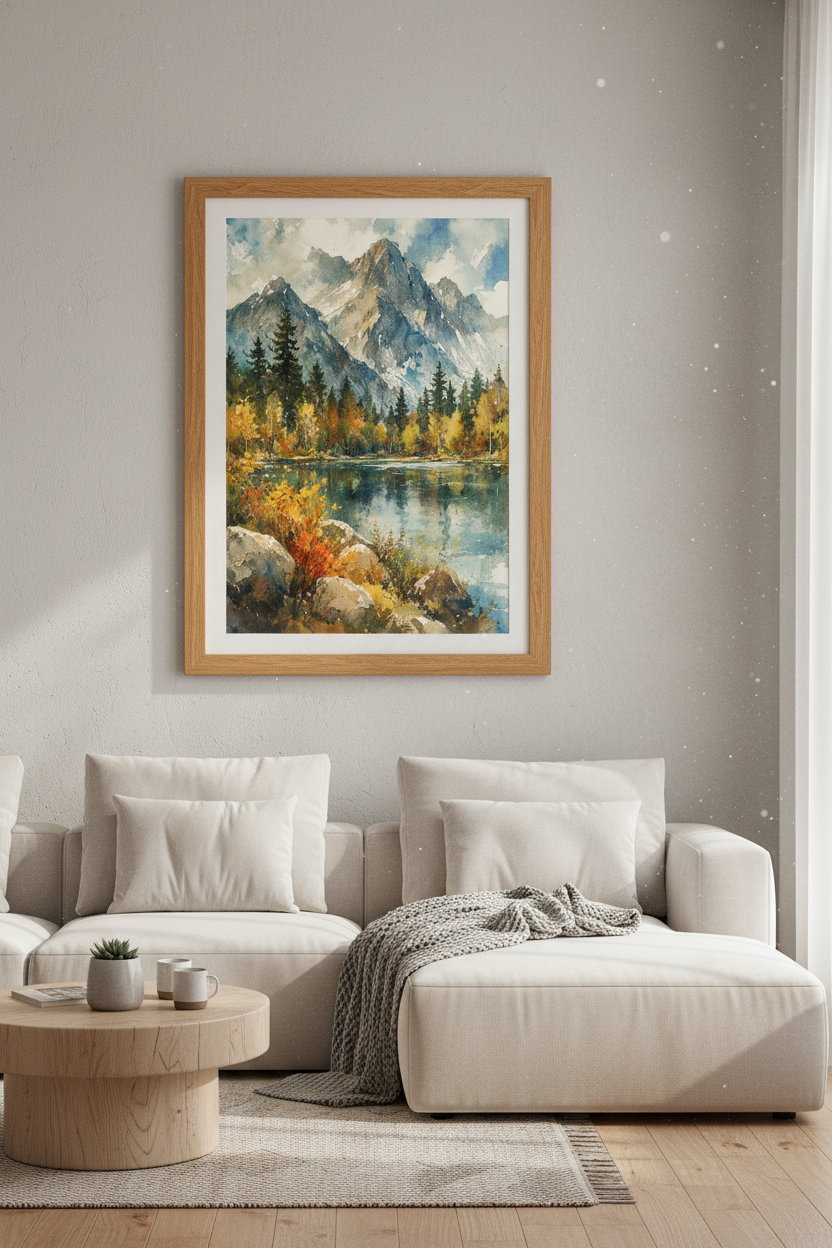 Mountain Lake Watercolor Print | Nature Landscape Decor | Rustic Forest Poster