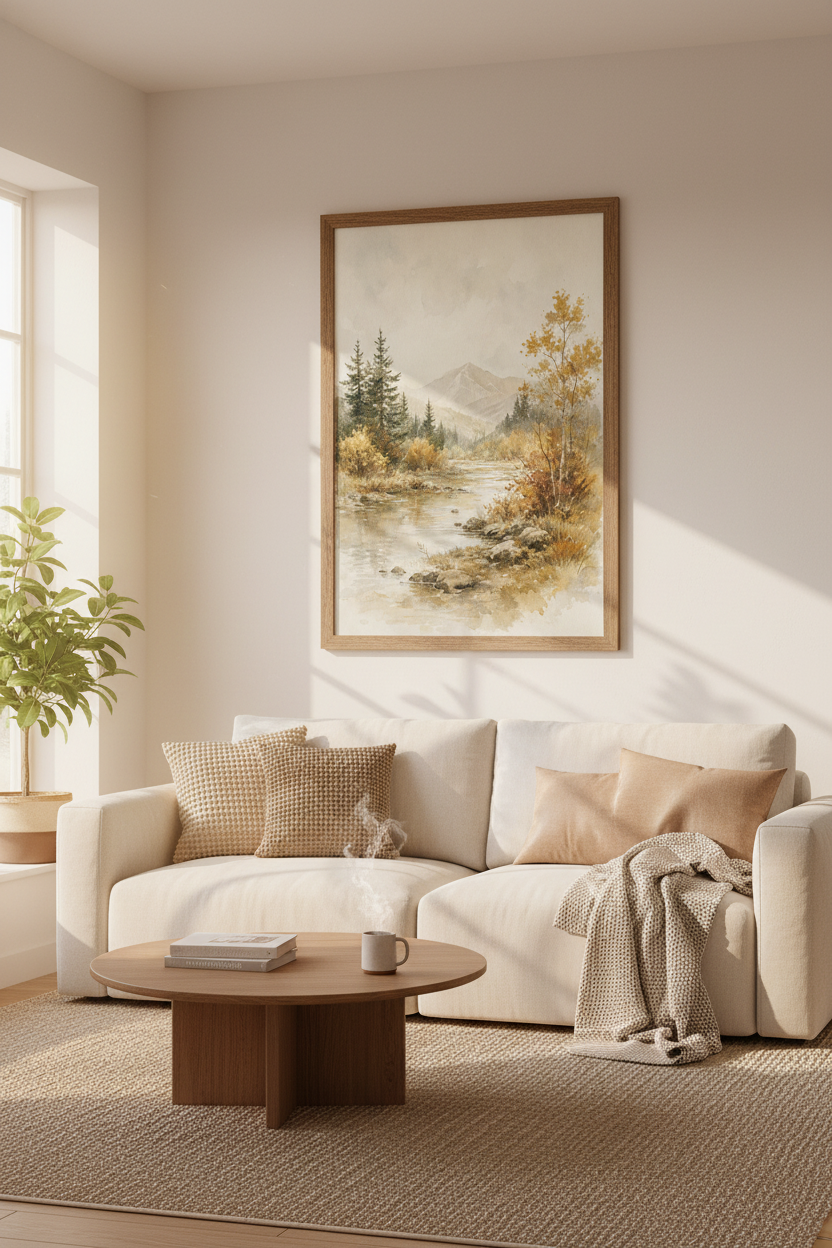 Mountain Landscape Watercolor Art | Nature River Forest, Rustic Home Decor