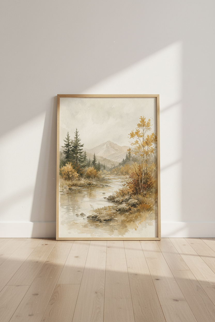 Mountain Landscape Watercolor Art | Nature River Forest, Rustic Home Decor