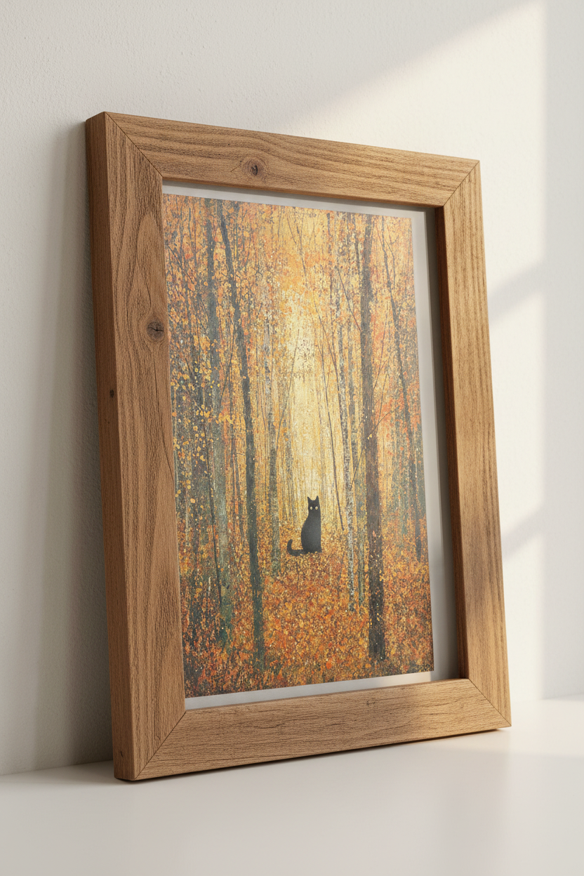 Black Cat in Autumn Forest | Golden Impressionist Landscape, Cozy Fall Decor