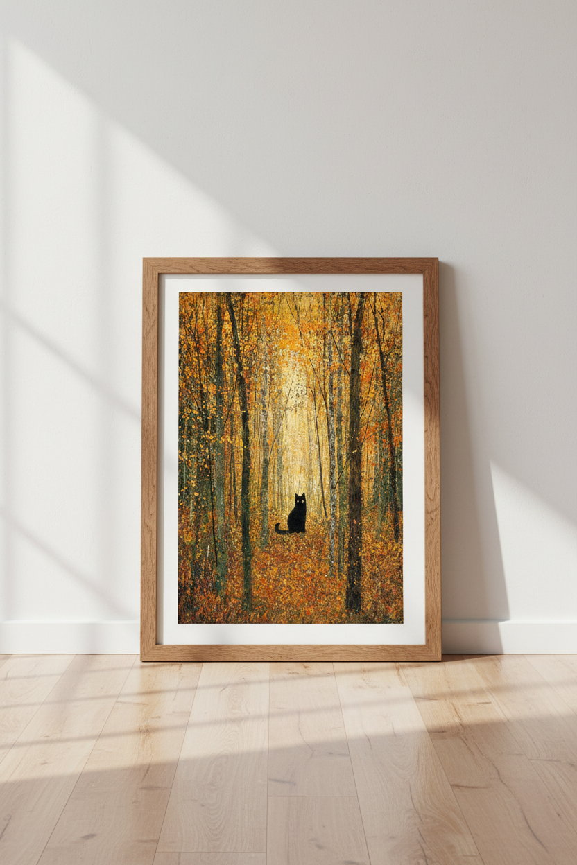 Black Cat in Autumn Forest | Golden Impressionist Landscape, Cozy Fall Decor