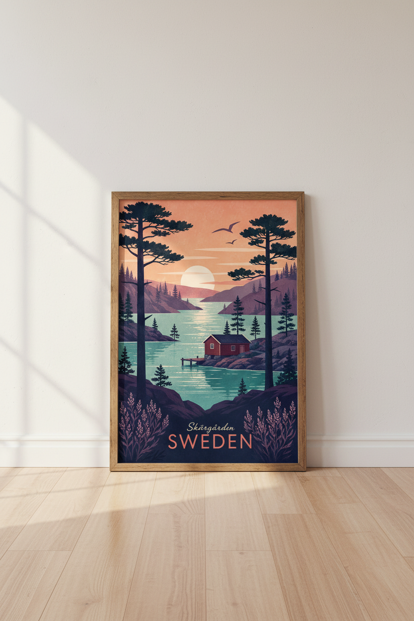 Sweden Travel Poster | Skärgården Landscape Print, Scandinavian Wall Art