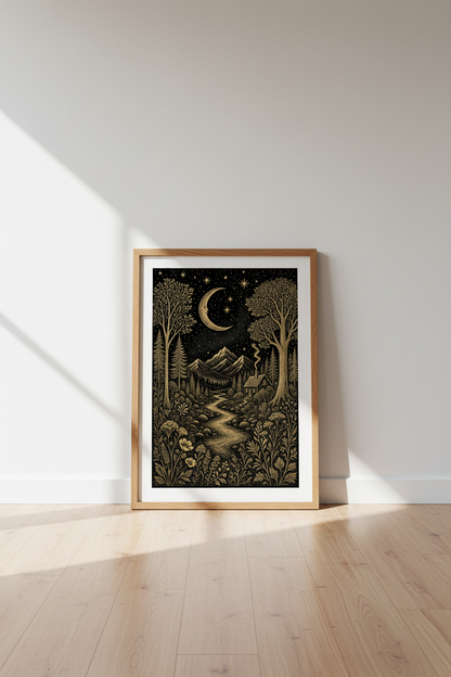 Celestial Mountain Landscape Art Print | Gold &amp; Black Nature Decor | Mystical Poster