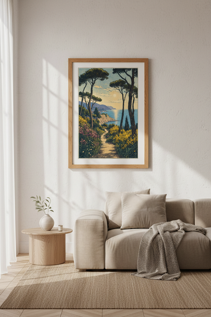 Japanese Woodblock Coast Wall Art | Mediterranean Landscape | Vintage Boho Poster