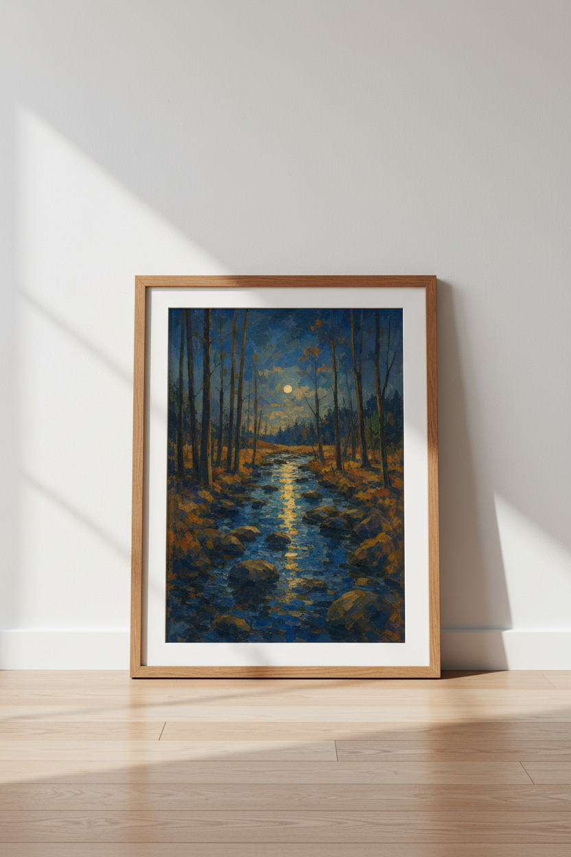 Moonlight Forest River Art | Impressionist Blue &amp; Gold Landscape, Bedroom Wall Decor