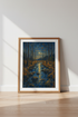 Moonlight Forest River Art | Impressionist Blue & Gold Landscape, Bedroom Wall Decor