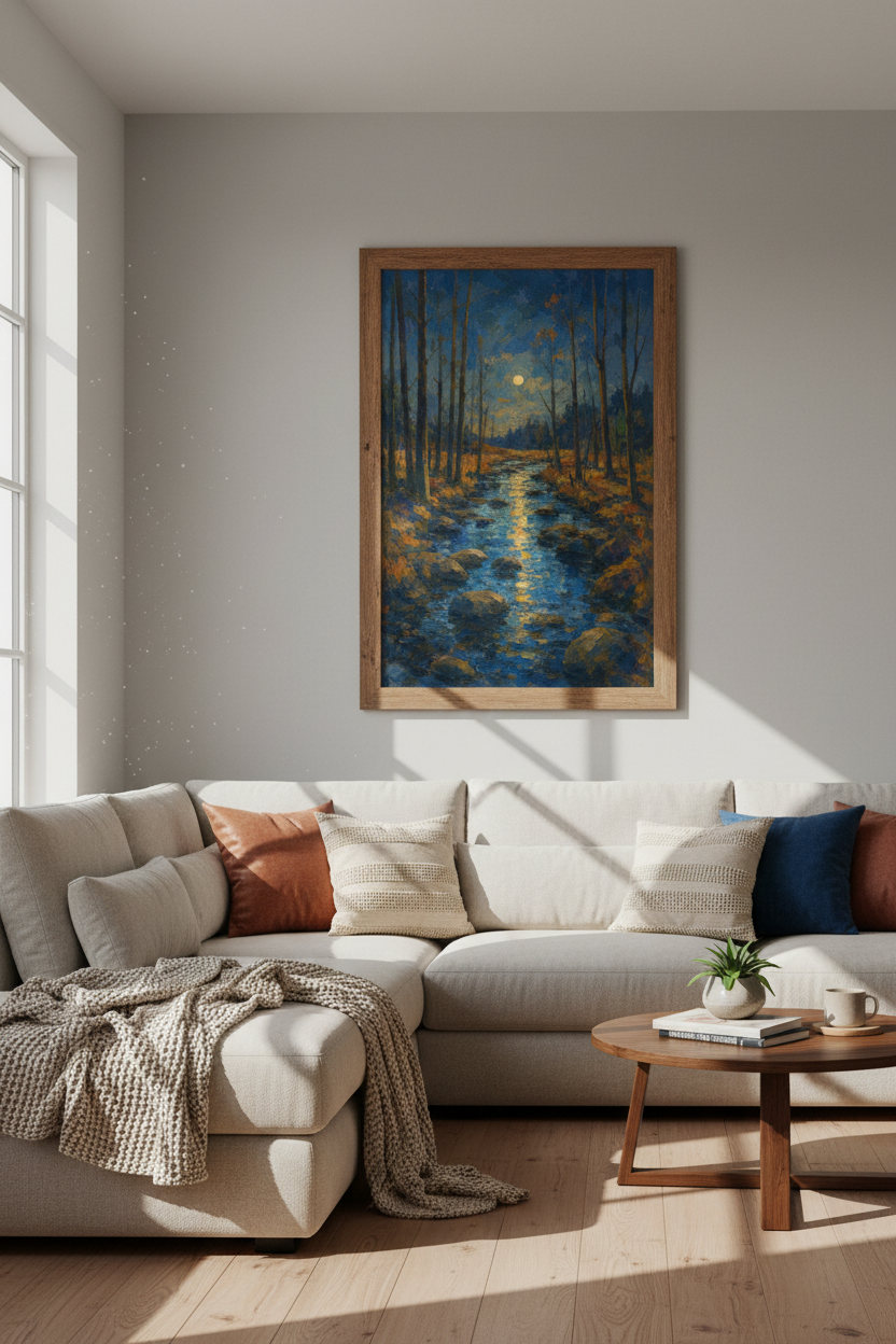 Moonlight Forest River Art | Impressionist Blue &amp; Gold Landscape, Bedroom Wall Decor