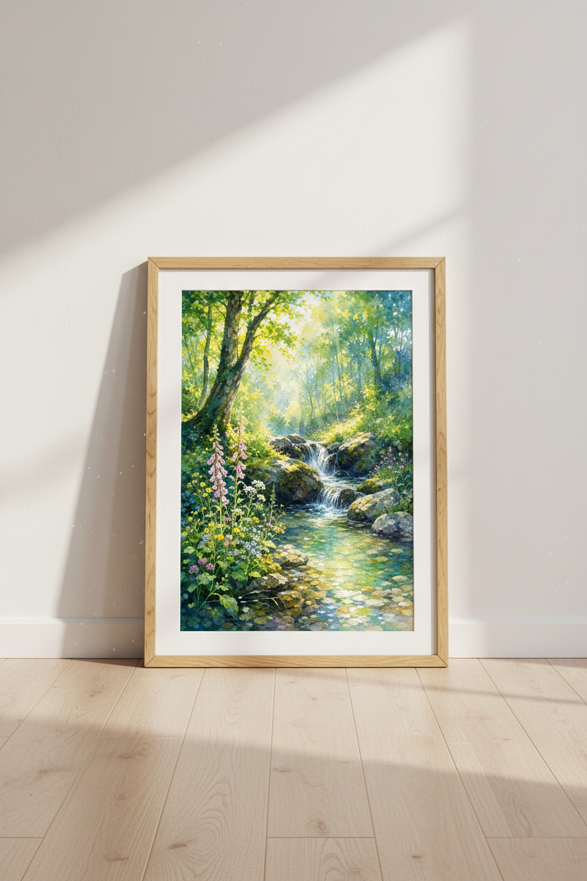 Water Forest Stream Art | Green Landscape Watercolor, Nature Living Room Poster