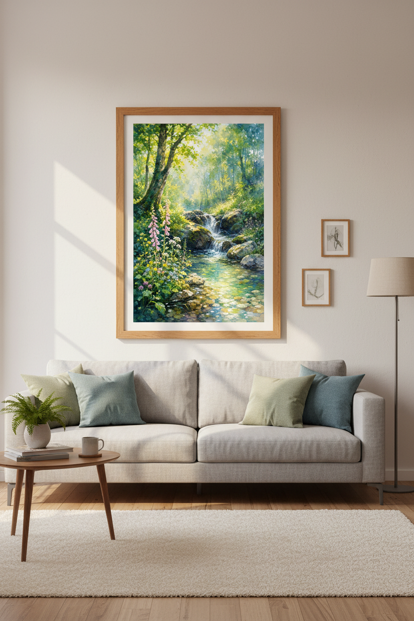 Water Forest Stream Art | Green Landscape Watercolor, Nature Living Room Poster