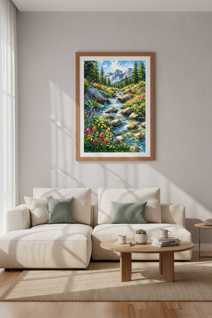Mountain Landscape Watercolor Wall Art | Wildflower Meadow Decor | Nature Poster