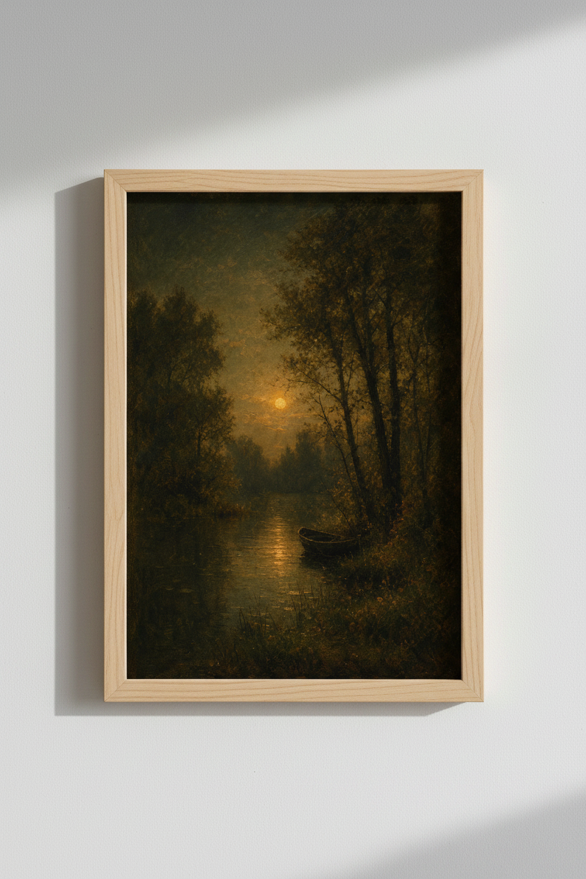 Moody landscape art | Sunset River Scene, Rustic Tones | Living Room Decor