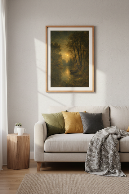 Moody landscape art | Sunset River Scene, Rustic Tones | Living Room Decor
