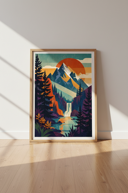 Mountain Landscape Wall Art | Geometric Nature Poster, Modern Cabin Decor