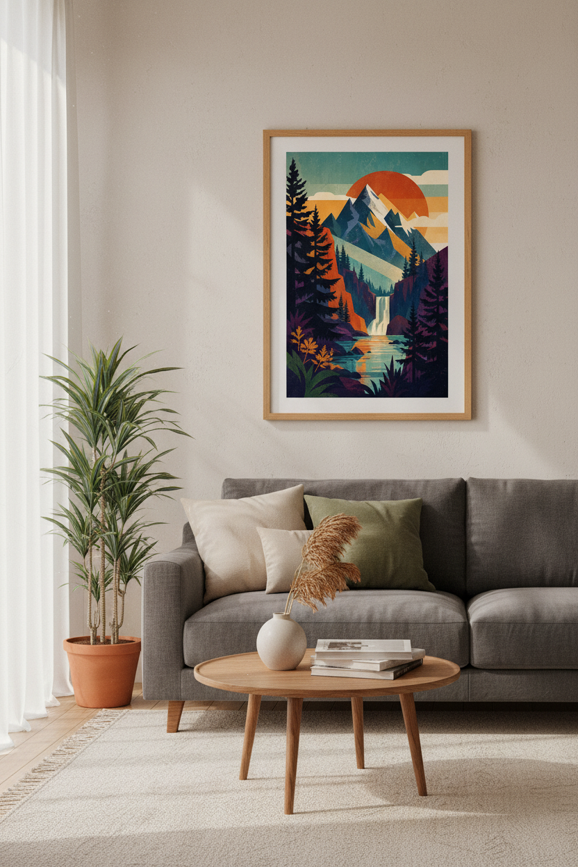 Mountain Landscape Wall Art | Geometric Nature Poster, Modern Cabin Decor