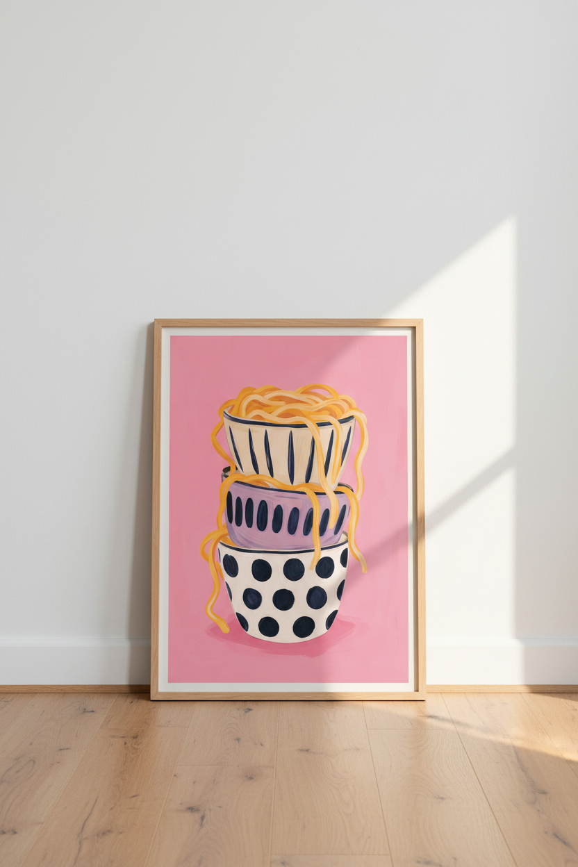 Pasta Kitchen Wall Art | Pink Eclectic Foodie Poster, Modern Dining Decor
