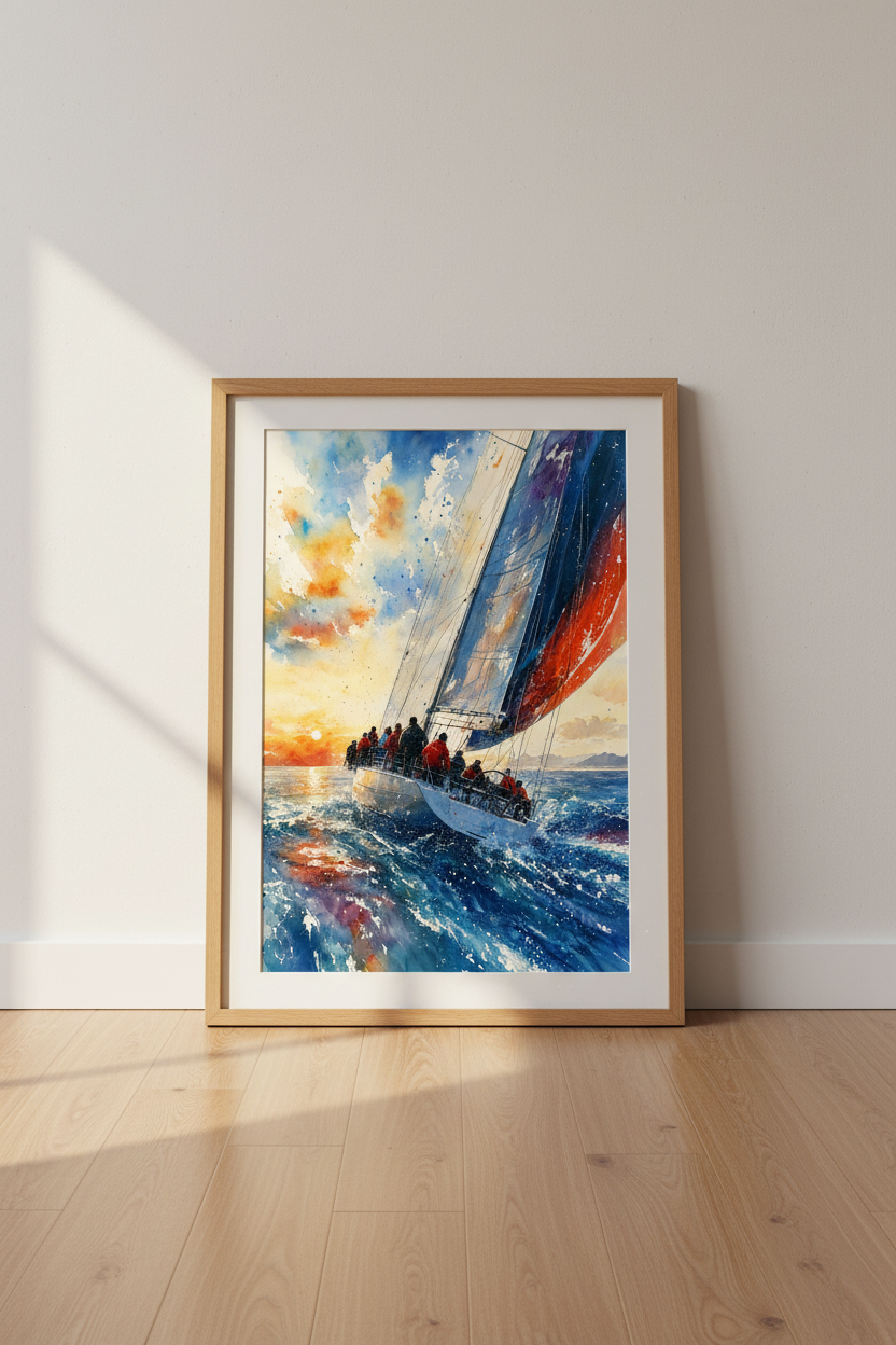 Sailboat Racing Watercolor | Nautical Sunset Wall Art, Coastal Home Decor