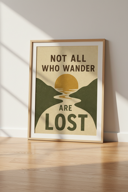 Retro Mountain Quote Wall Art | Not All Who Wander Are Lost Print, Nature Decor