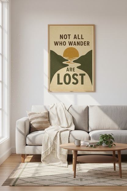 Retro Mountain Quote Wall Art | Not All Who Wander Are Lost Print, Nature Decor