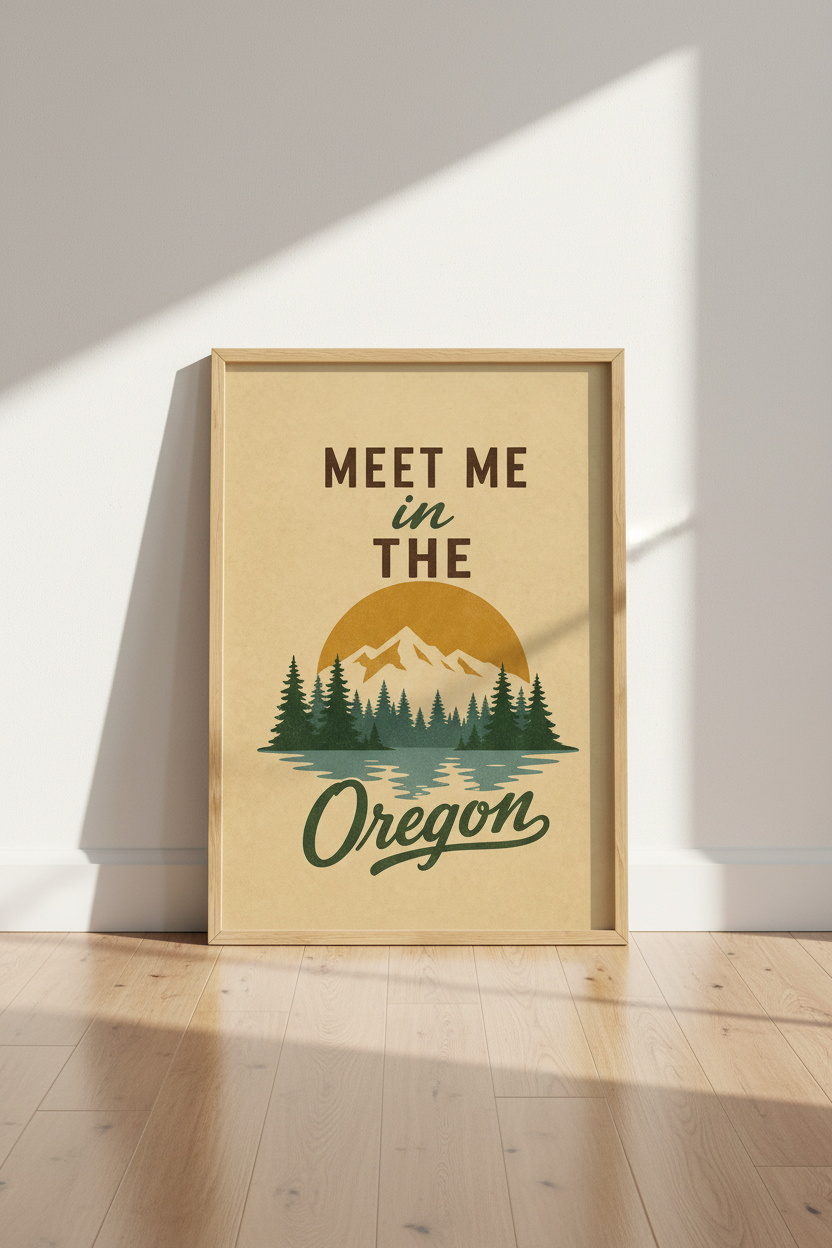Oregon Travel Poster | Retro Mountain Landscape, Cabin Decor Wall Art