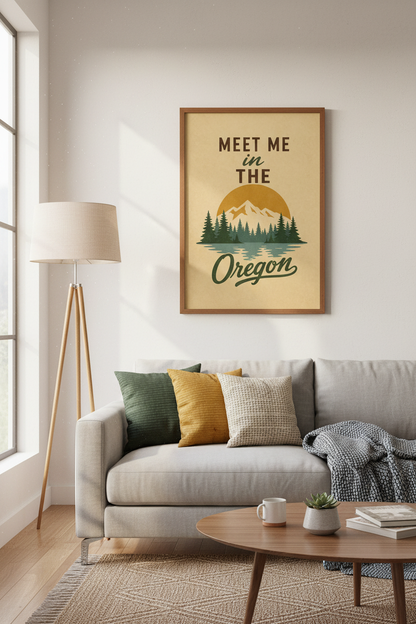Oregon Travel Poster | Retro Mountain Landscape, Cabin Decor Wall Art