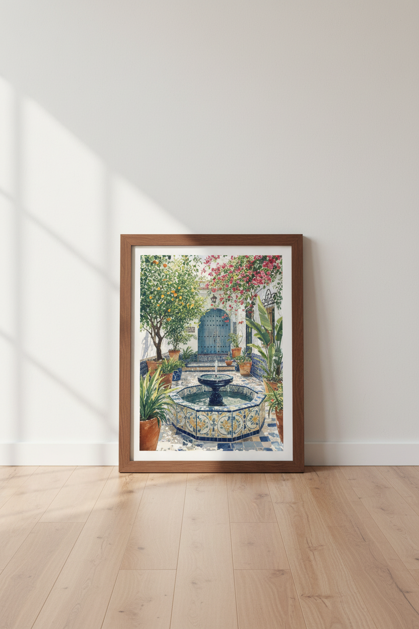 Spanish Courtyard Watercolor Art | Mediterranean Garden Print, Blue Tile Decor