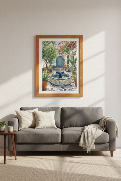 Spanish Courtyard Watercolor Art | Mediterranean Garden Print, Blue Tile Decor
