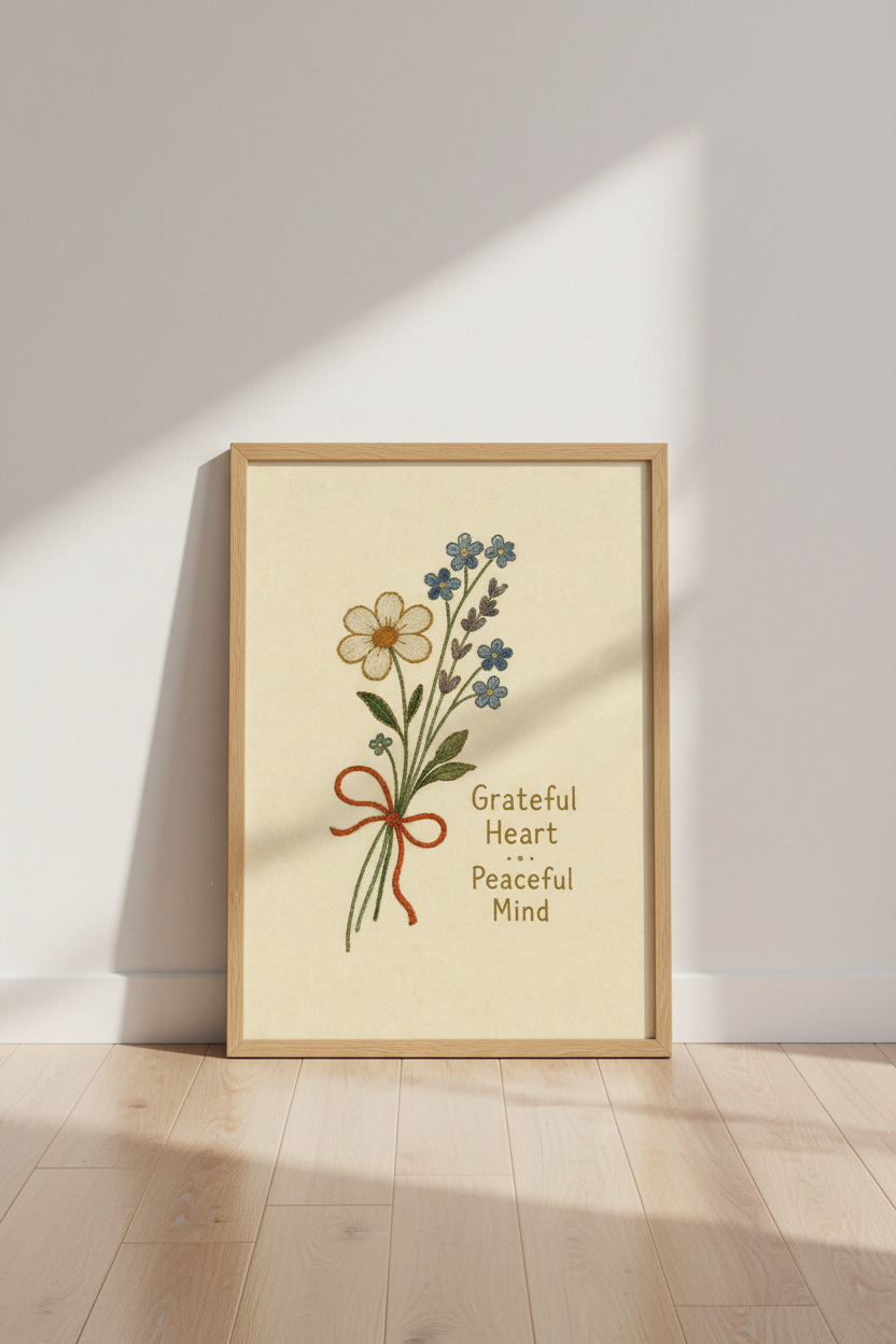 Embroidered Floral Bouquet Print | Grateful Heart Quote | Cottagecore Decor
