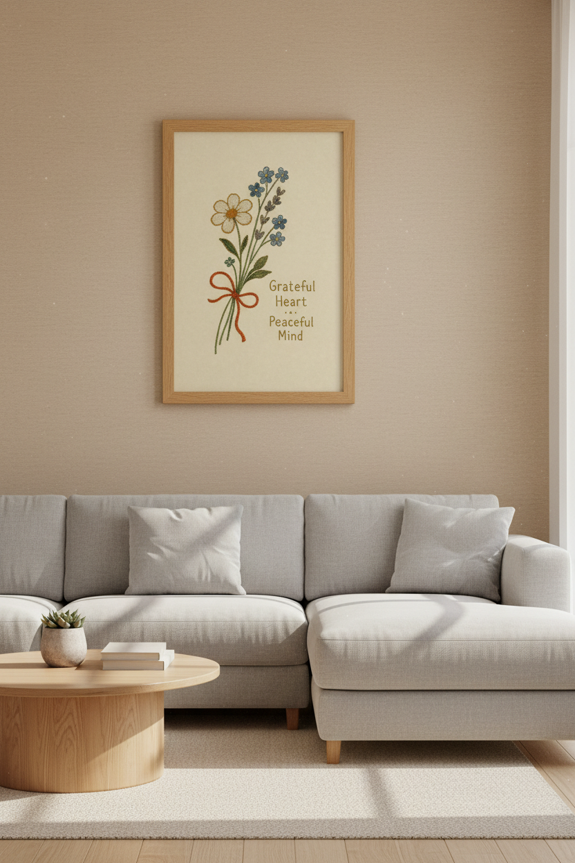 Embroidered Floral Bouquet Print | Grateful Heart Quote | Cottagecore Decor