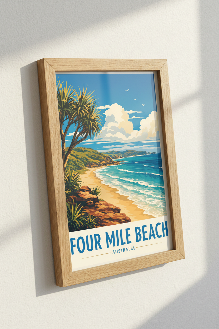 Four Mile Beach Australia Travel Poster | Coastal Wall Art Print | Beach House Decor