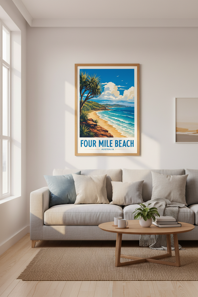 Four Mile Beach Australia Travel Poster | Coastal Wall Art Print | Beach House Decor