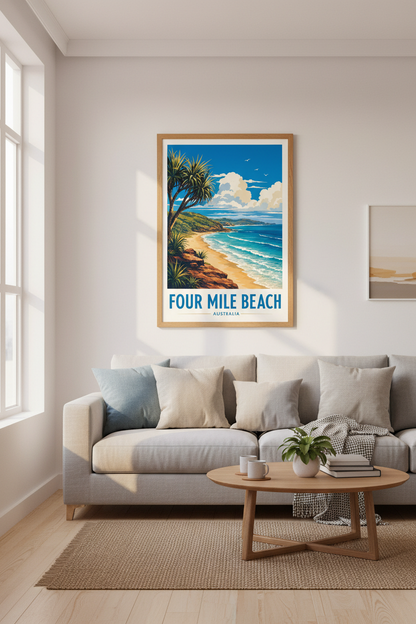 Four Mile Beach Australia Travel Poster | Coastal Wall Art Print | Beach House Decor