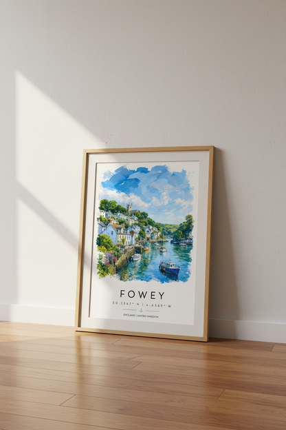 Fowey Cornwall Harbour Art | Blue Coastal Decor | Nautical Travel Poster