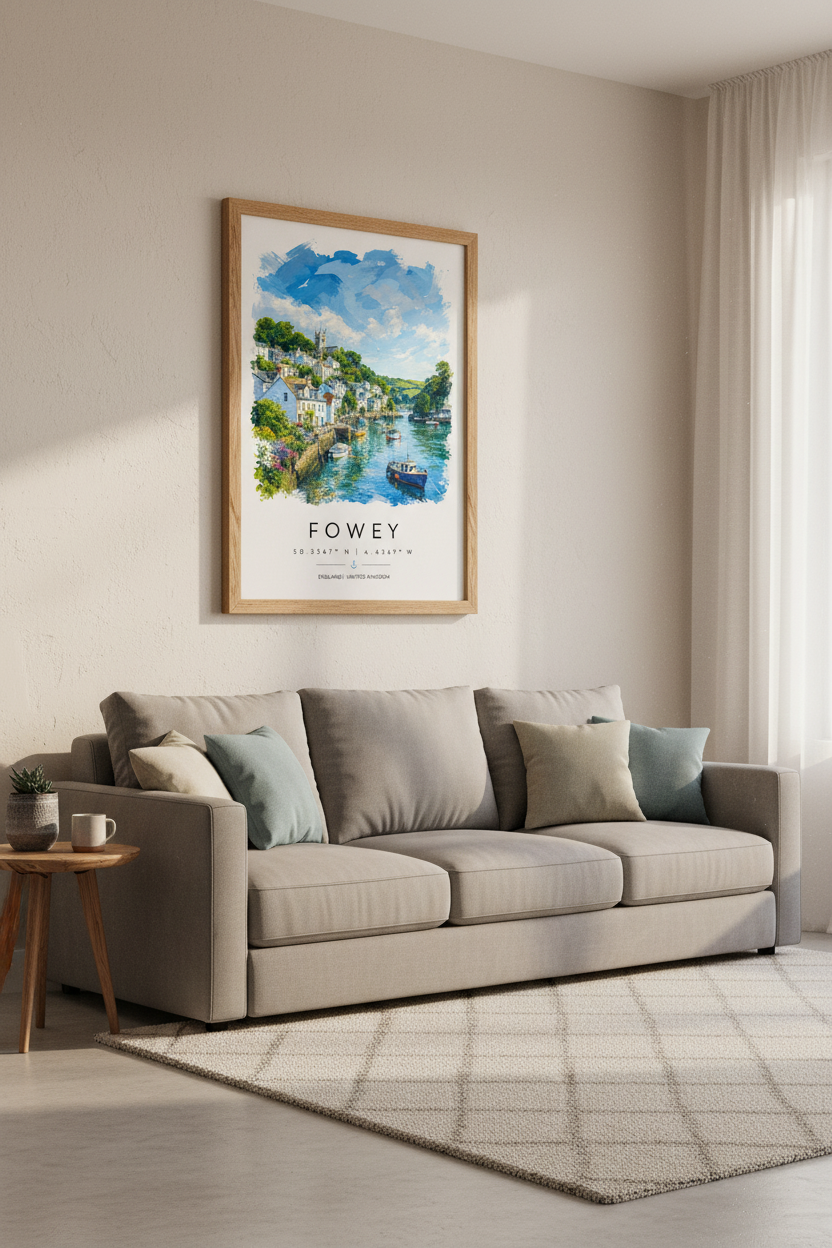 Fowey Cornwall Harbour Art | Blue Coastal Decor | Nautical Travel Poster