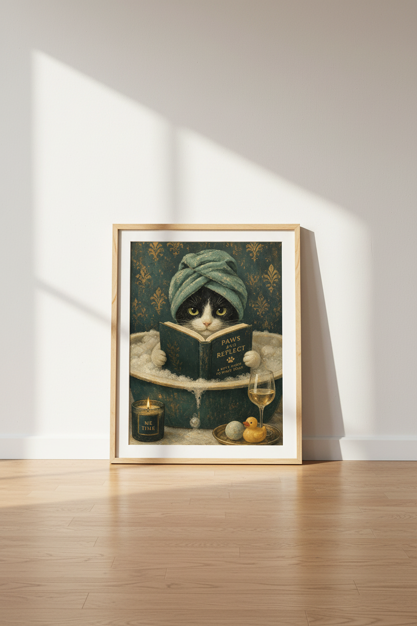 Funny Cat Bath Wall Art | Whimsical Tuxedo Cat Poster, Bathroom Decor