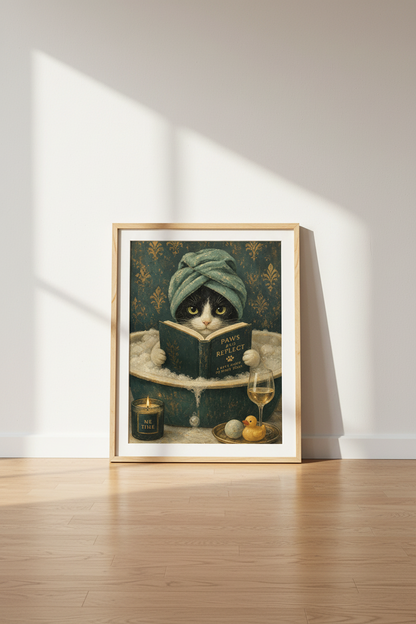 Funny Cat Bath Wall Art | Whimsical Tuxedo Cat Poster, Bathroom Decor