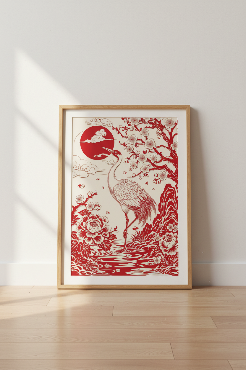 Japanese Crane Wall Art | Red Sun &amp; Flowers Papercut Style, Zen Living Room Poster