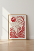 Japanese Crane Wall Art | Red Sun & Flowers Papercut Style, Zen Living Room Poster