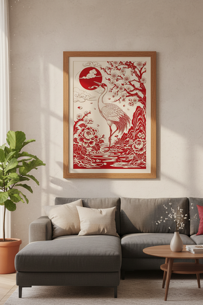 Japanese Crane Wall Art | Red Sun &amp; Flowers Papercut Style, Zen Living Room Poster