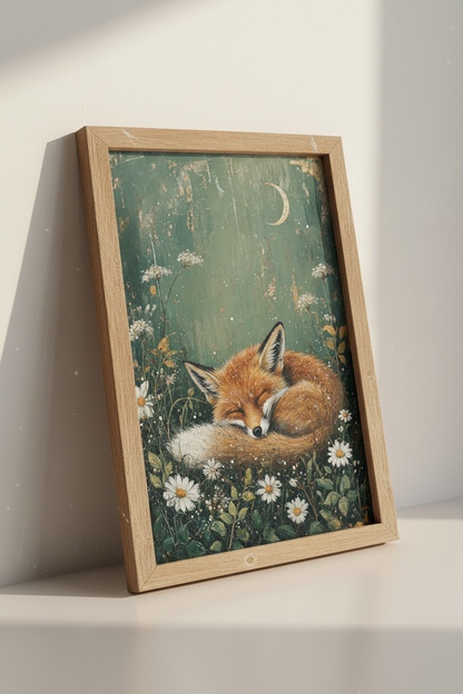 Sleeping Fox Wall Art | Emerald Green Woodland Decor | Whimsical Animal Poster