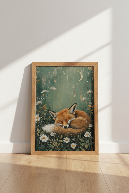 Sleeping Fox Wall Art | Emerald Green Woodland Decor | Whimsical Animal Poster