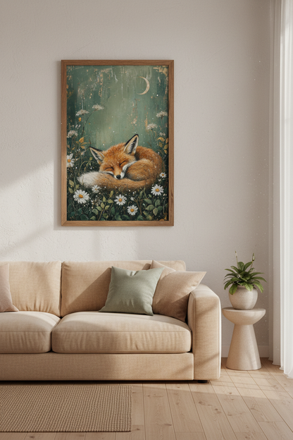 Sleeping Fox Wall Art | Emerald Green Woodland Decor | Whimsical Animal Poster