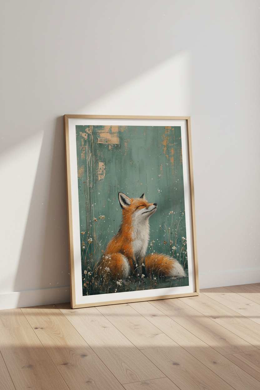 Abstract Red Fox Wall Art | Rustic Teal Nature Decor | Whimsical Animal Poster