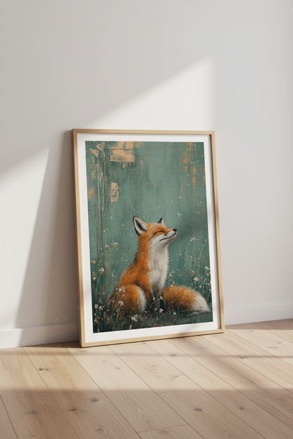 Abstract Red Fox Wall Art | Rustic Teal Nature Decor | Whimsical Animal Poster