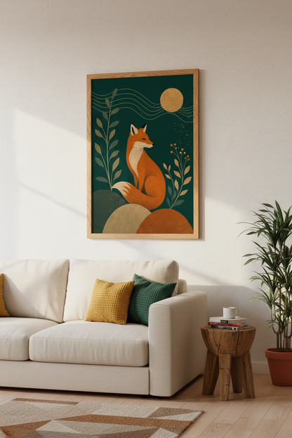 Fox Wall Art Print | Mid-Century Modern Forest Decor | Emerald Green Poster