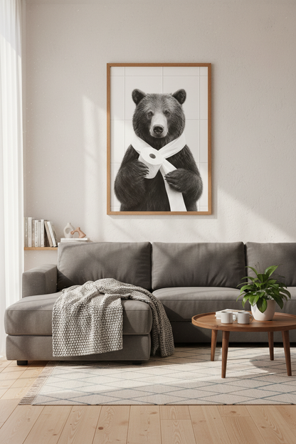 Funny Bear Bathroom Wall Art | Black and White Animal Poster | Modern Restroom Decor