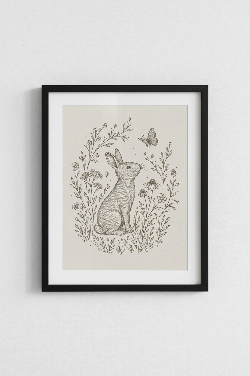 Vintage Rabbit &amp; Butterfly Meadow | Neutral Cottagecore Sketch, Woodland Nursery Decor