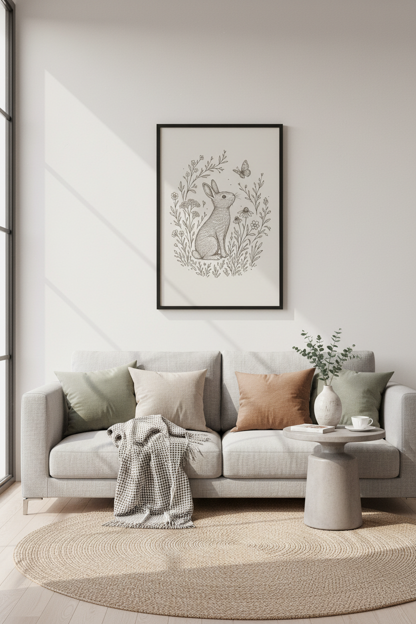 Vintage Rabbit &amp; Butterfly Meadow | Neutral Cottagecore Sketch, Woodland Nursery Decor