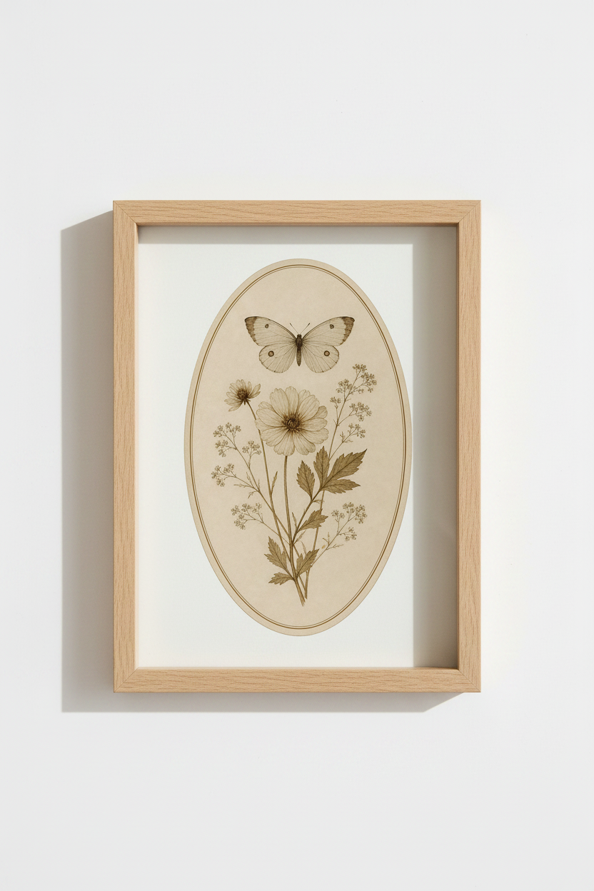 Botanical Poster | Vintage Sepia, Oval Frame, Living Room Decor