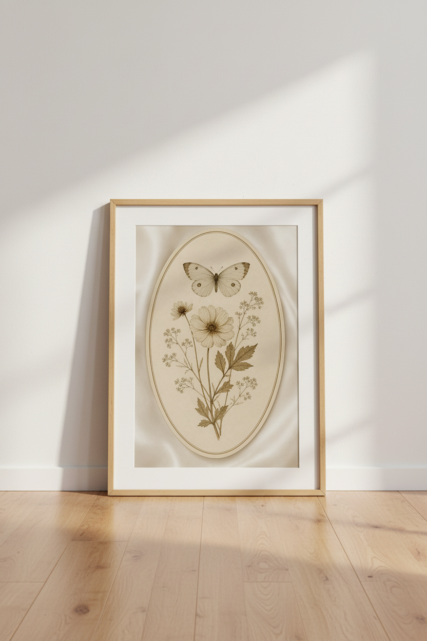 Botanical Poster | Vintage Sepia, Oval Frame, Living Room Decor